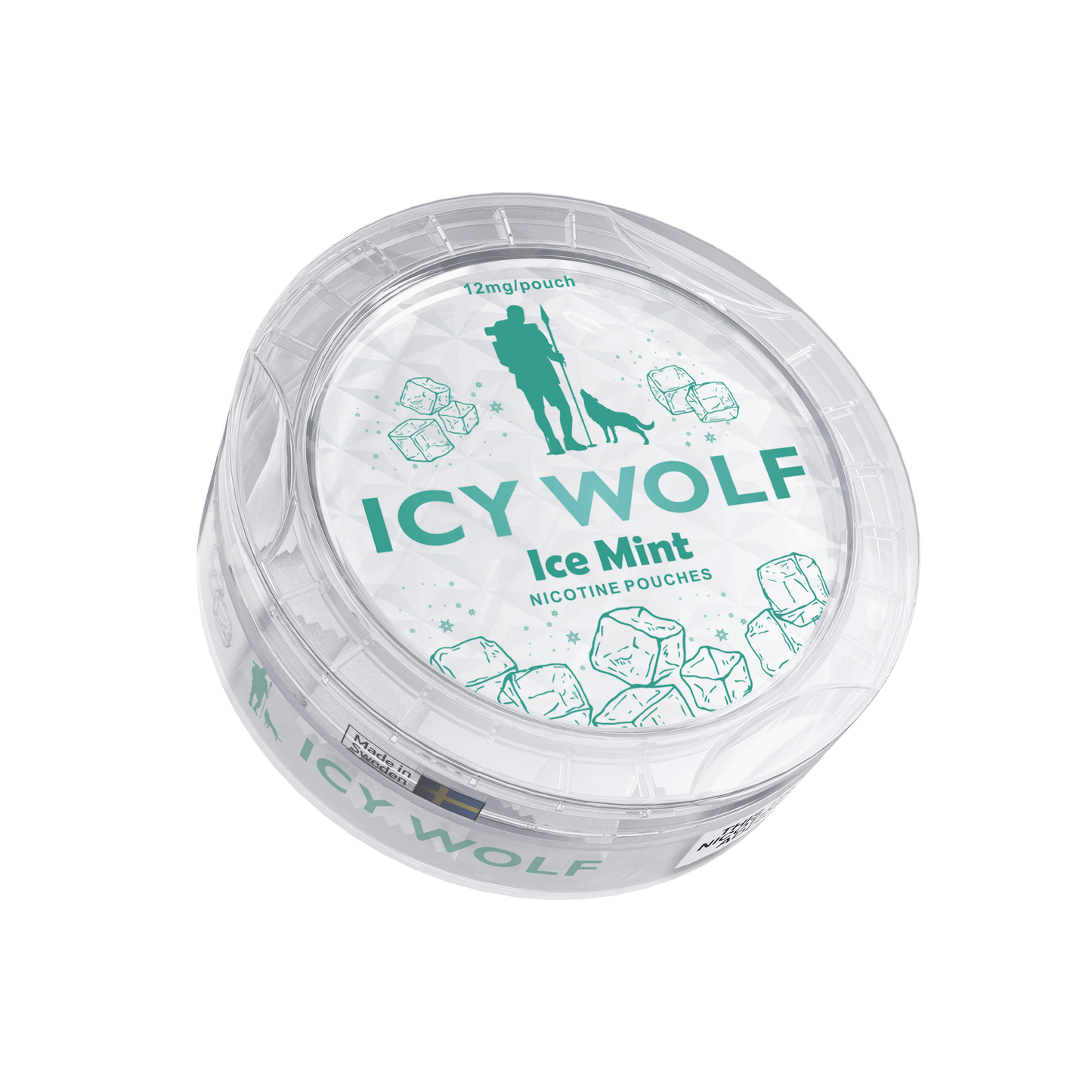 Detail close-up of the Icy Wolf Ice Mint pouch in a circular teal container with decorative design on a transparent backgr…