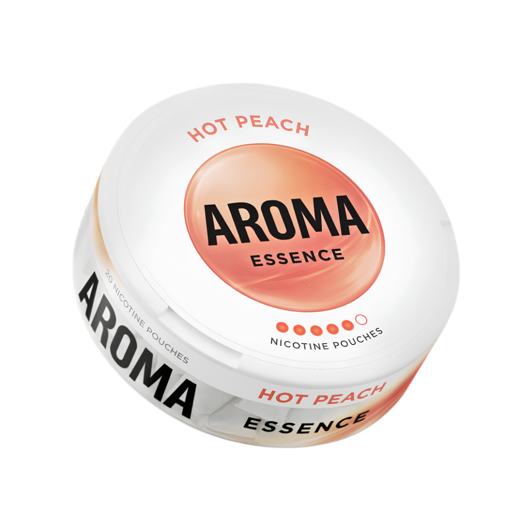 Round can of Aroma Essence Hot Peach featuring a peach flavor label against a transparent background.