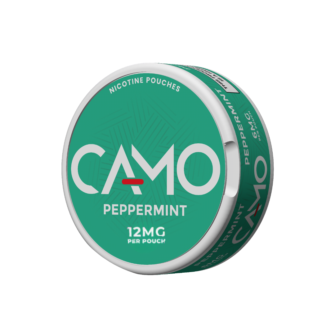 Detail close-up of the Camo peppermint can, showcasing its green and white round design with the logo.