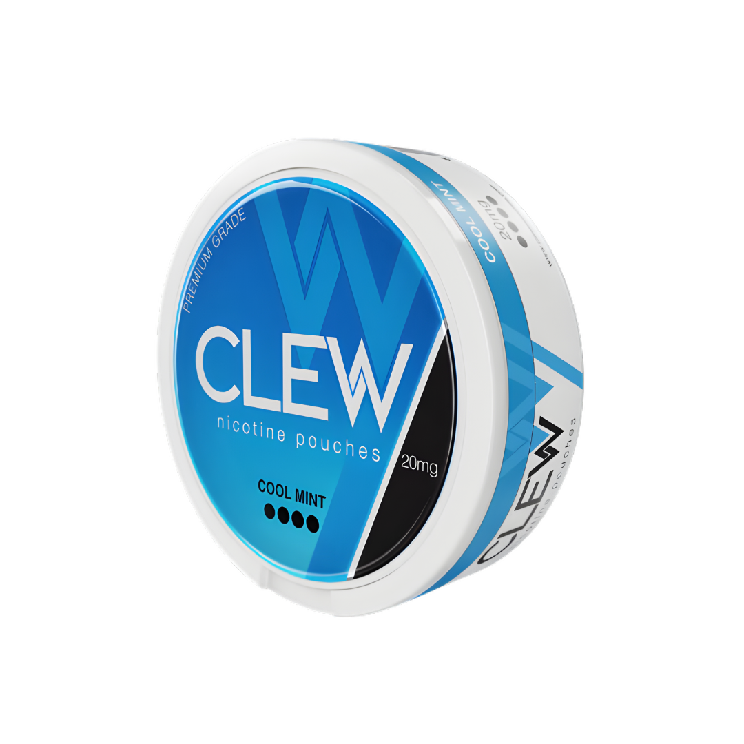 Detail close-up of the round Clew container in blue and white featuring the label design on a white background