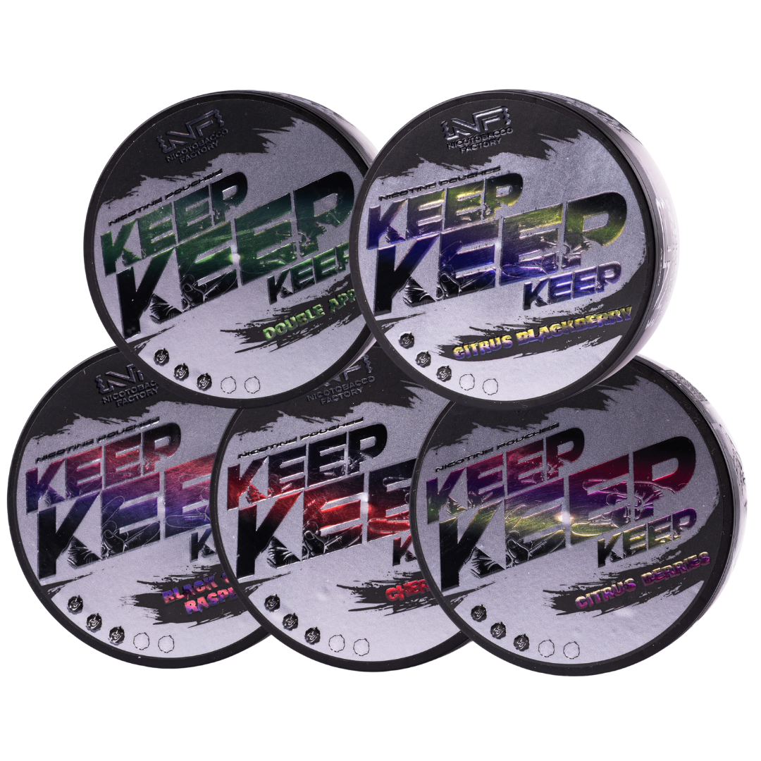 Variety of colorful circular containers showcasing the 5 x Keep Mixpack flavors, featuring black, purple, green, and blue…