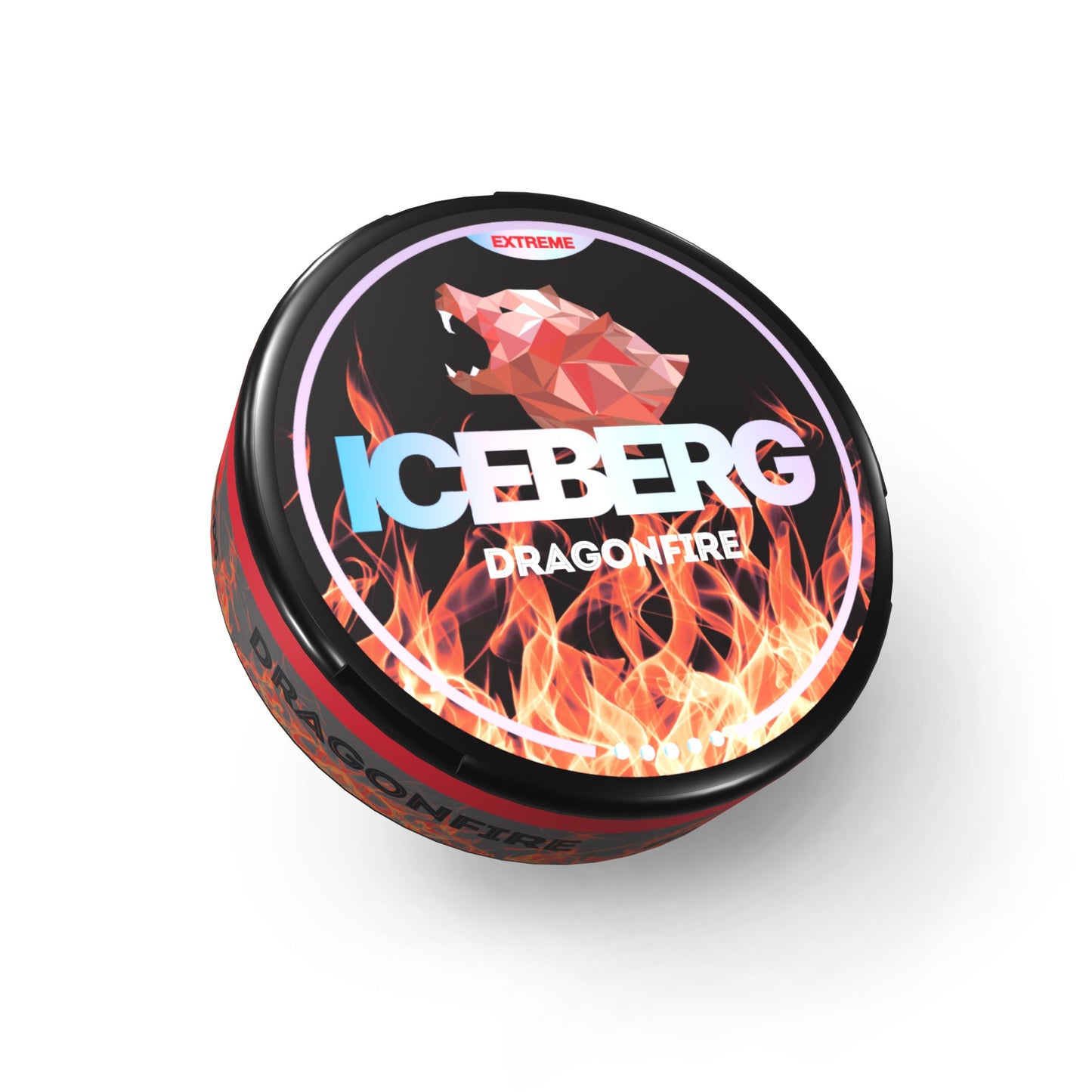 Detail close-up of the Iceberg Dragonfire tin can featuring a flame design in black, red, and blue colors