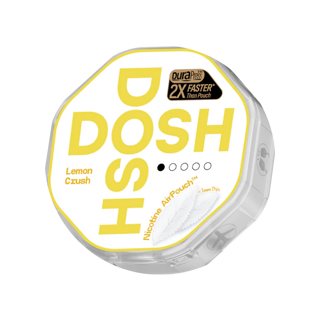Detail close-up of Dosh Lemon Crush packaging featuring yellow and white colors with an octagonal shape.