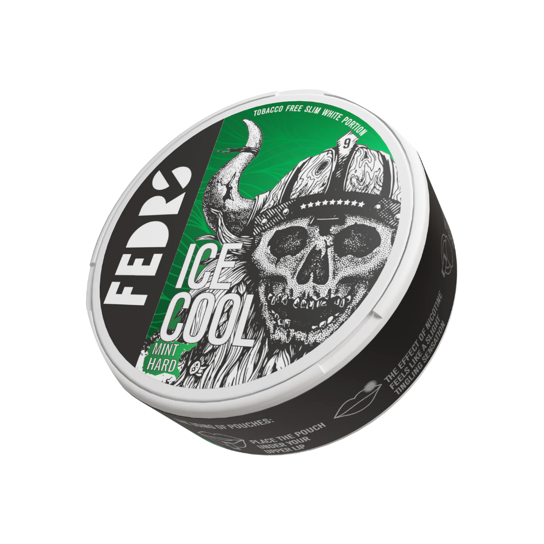 Detail close-up of a black can with green and white skull design, featuring a Viking theme and screw top.