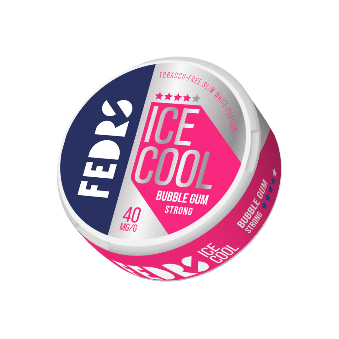 Front view of a circular tin in pink, blue, and white featuring ice cool flavor branding.