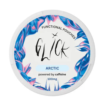 Detail close-up of Glick Arctic pouch showcasing colorful design and brand logo on a white background
