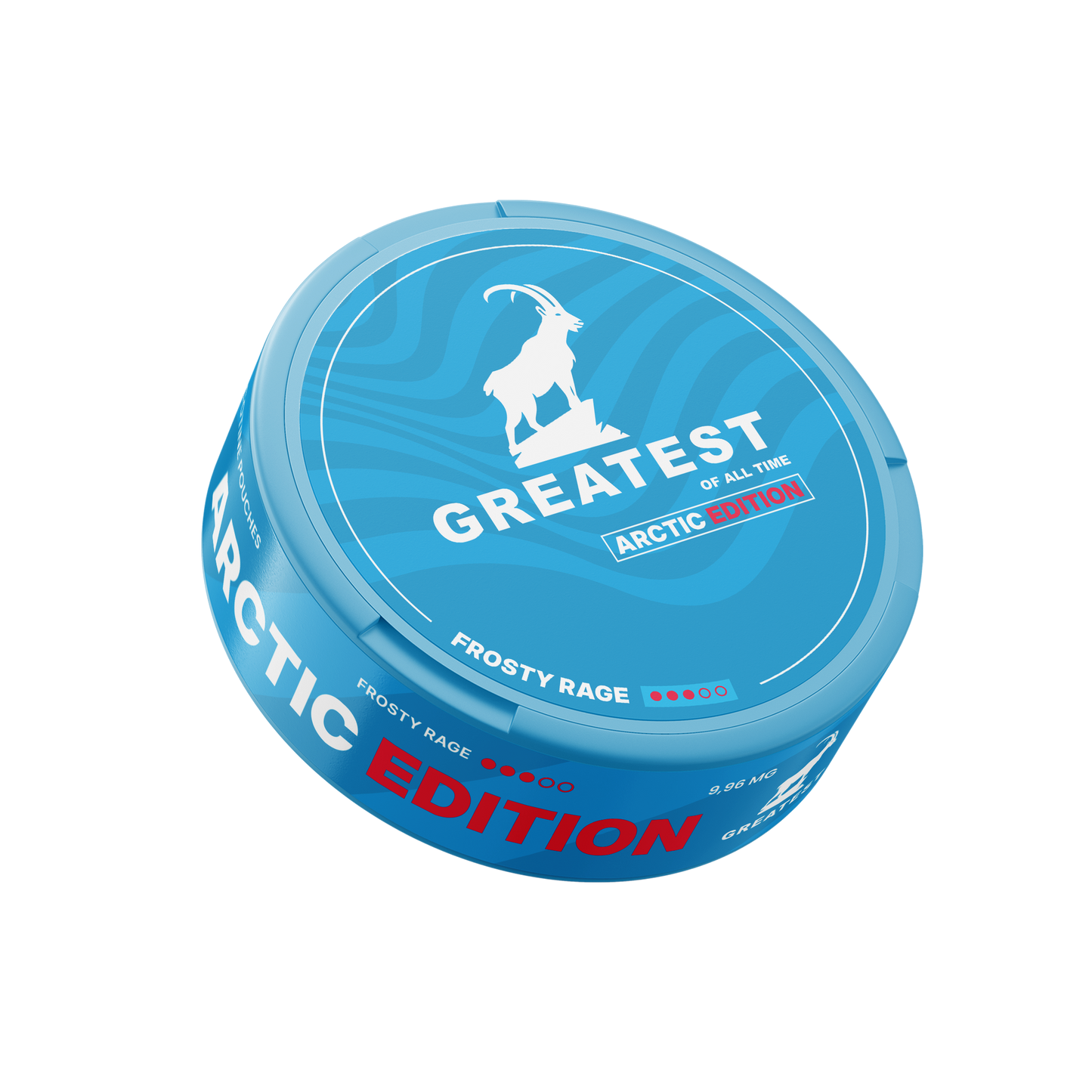 Front view of the blue can showcasing text branding and a circular shape, highlighting the limited edition Arctic flavor.