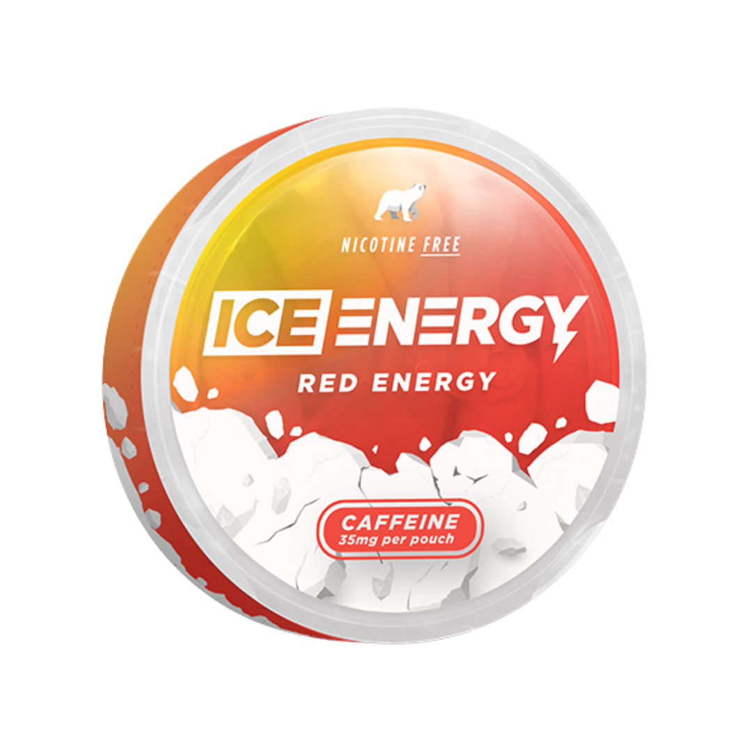 Packaging of the Ice Caffeine Pouch Red Energy can featuring bold text and a circular design in red and orange.