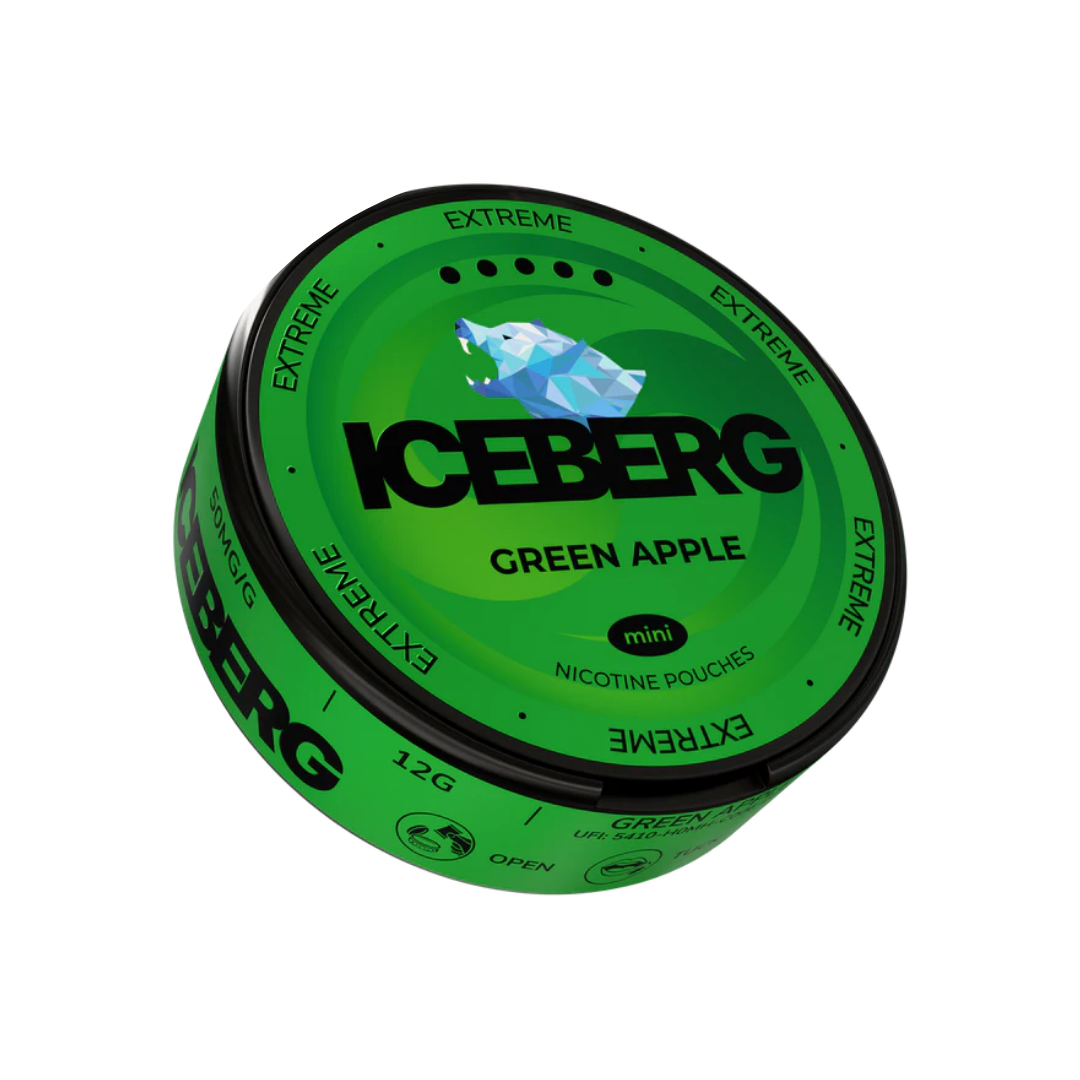 Front view of the green tobacco can featuring a logo design and flavor label on a white background