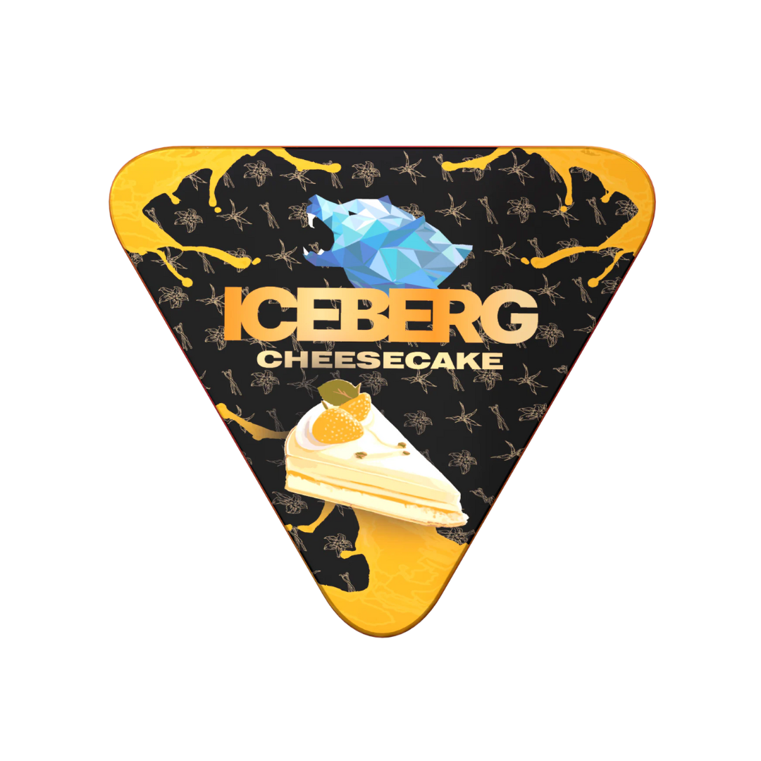 Packaging of Iceberg Cheesecake Pie in a sleek triangular can with yellow, black, and white colors.
