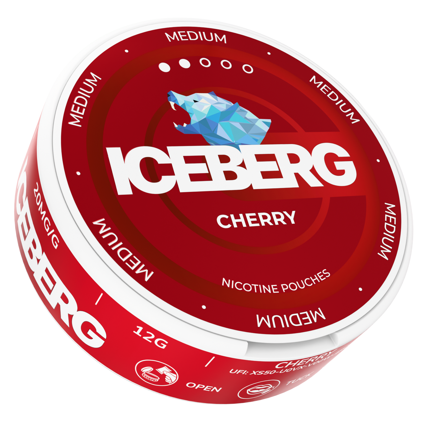 Front view of the red Iceberg Cherry 20mg nicotine pouch can showcasing the brand logo and flavor label.