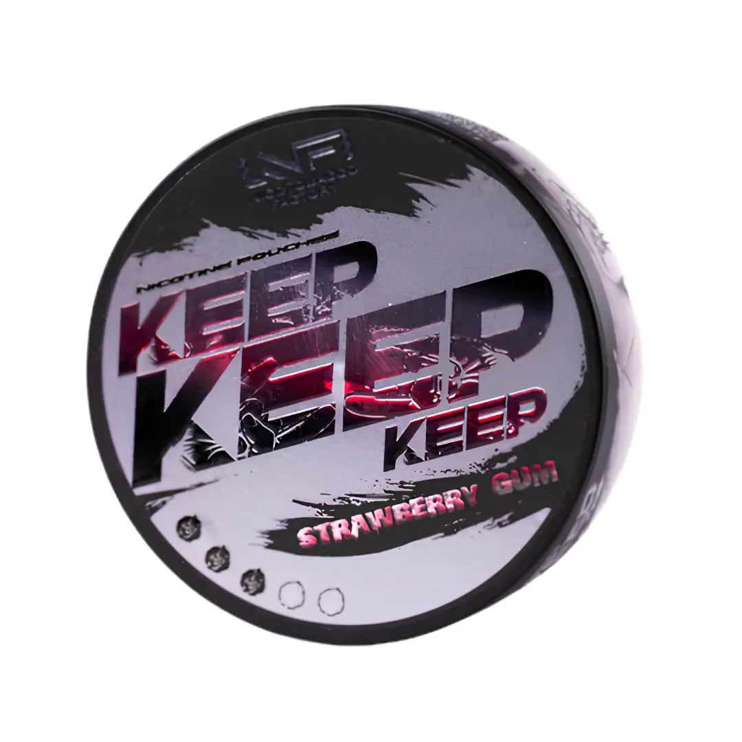 Front view of Keep Strawberry Gum packaging featuring a circular container with bold black, red, and white text.