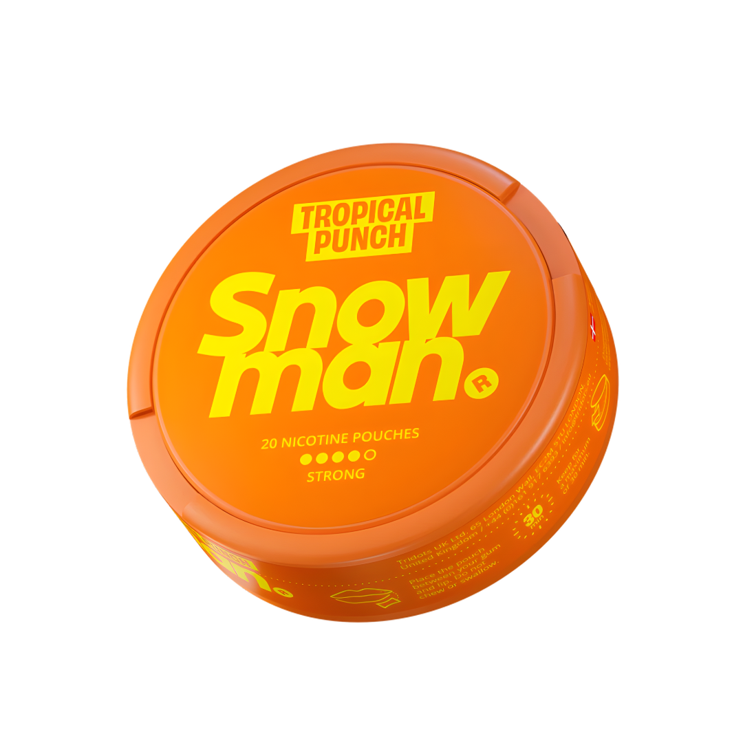 Detail close-up of the round orange container labeled Snowman Tropical Punch, featuring vibrant orange and yellow colors o…