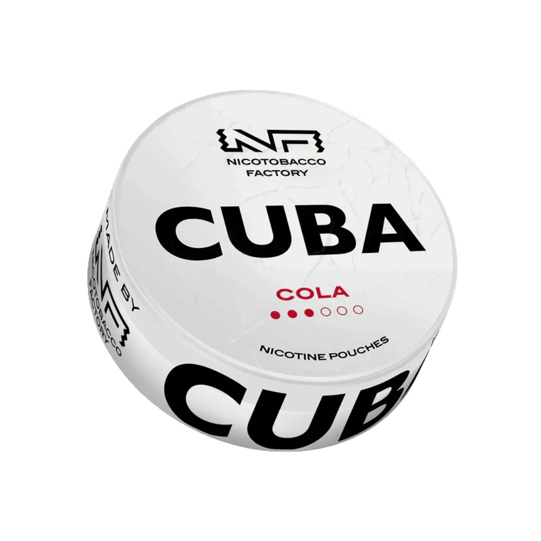 Detail close-up of the Cuba White Cola round container showcasing bold white and black text.