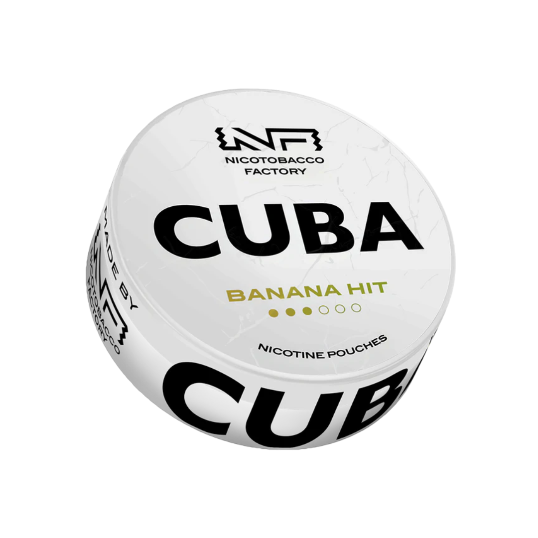 Detail close-up of Cuba White Banana Hit nicotine pouch packaging featuring bold text and a round container design in whit…