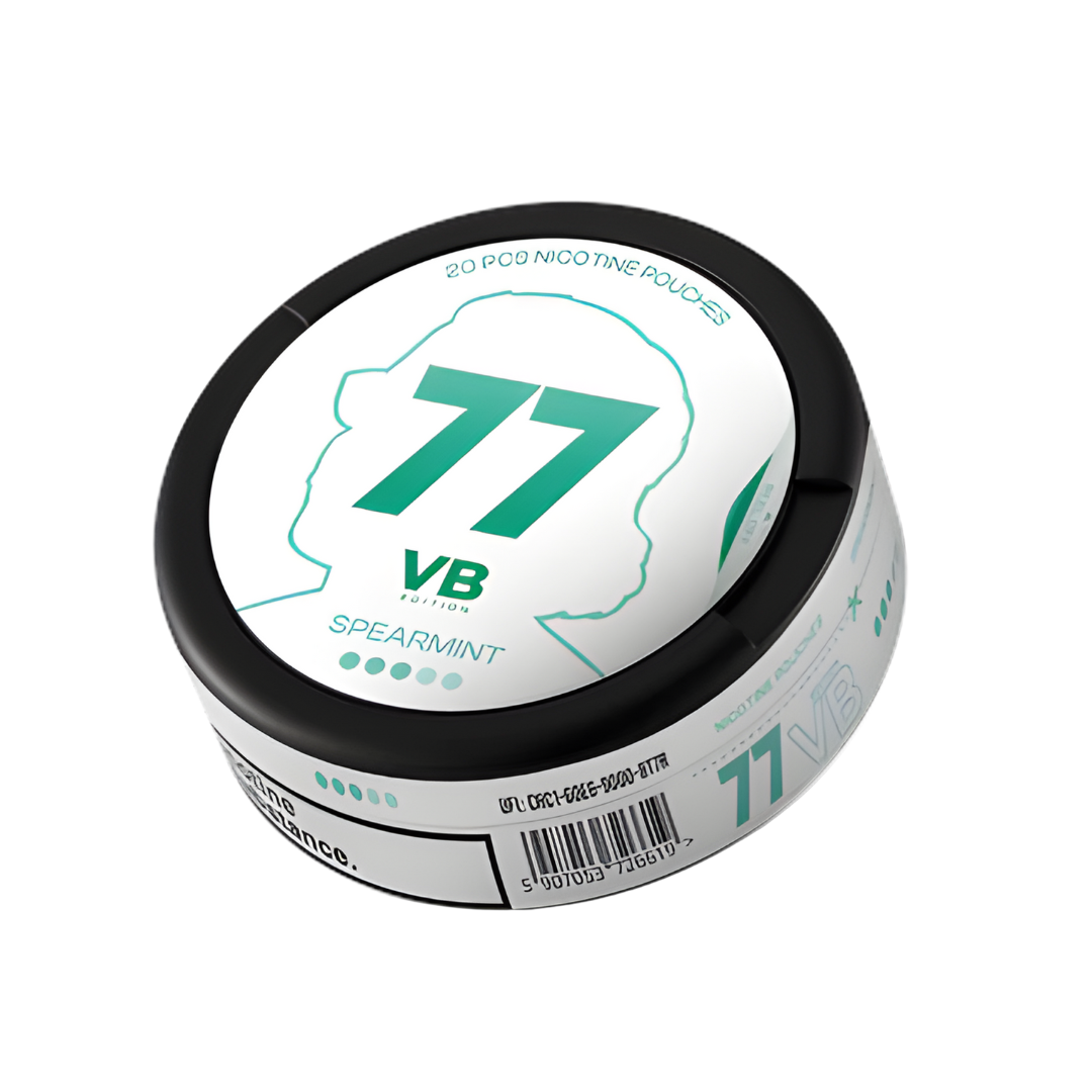 Detail close-up of the round container with label number 77 in white, black, and green on a white background