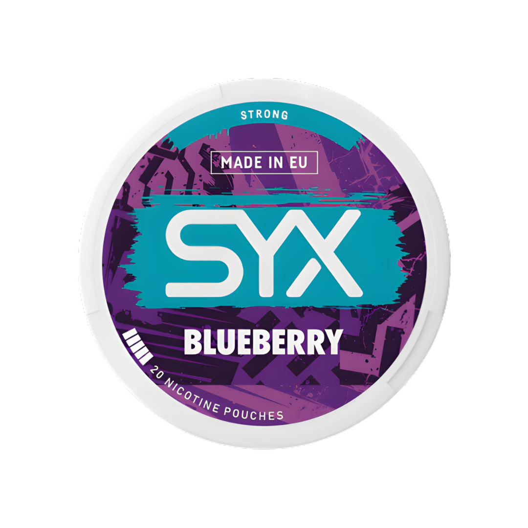 Detail close-up of SYX Blueberry Strong packaging featuring blueberry illustration in blue and purple colors.