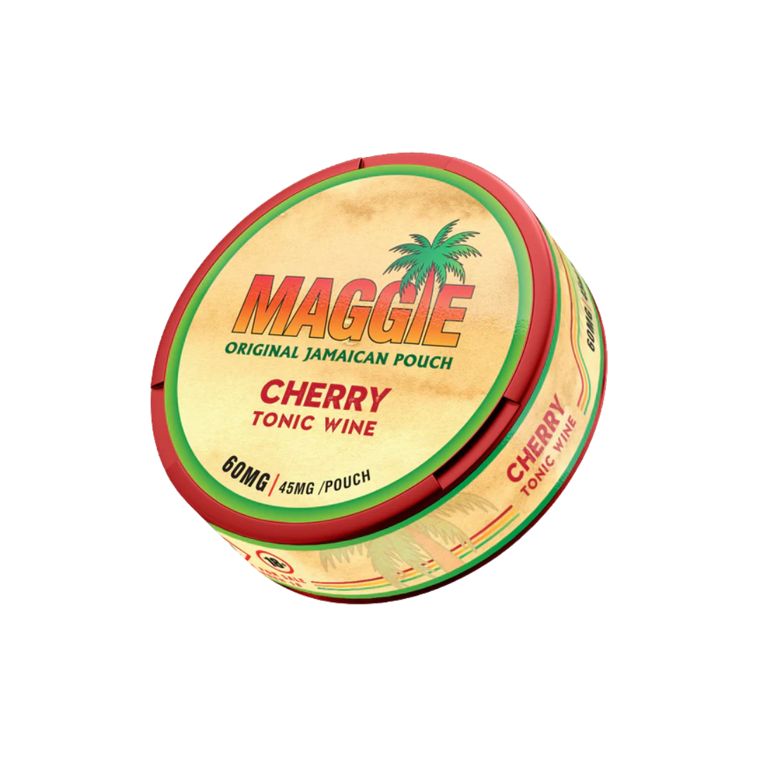 Detail close-up of a circular tin labeled Maggie Cherry Tonic Wine in red, green, and yellow colors