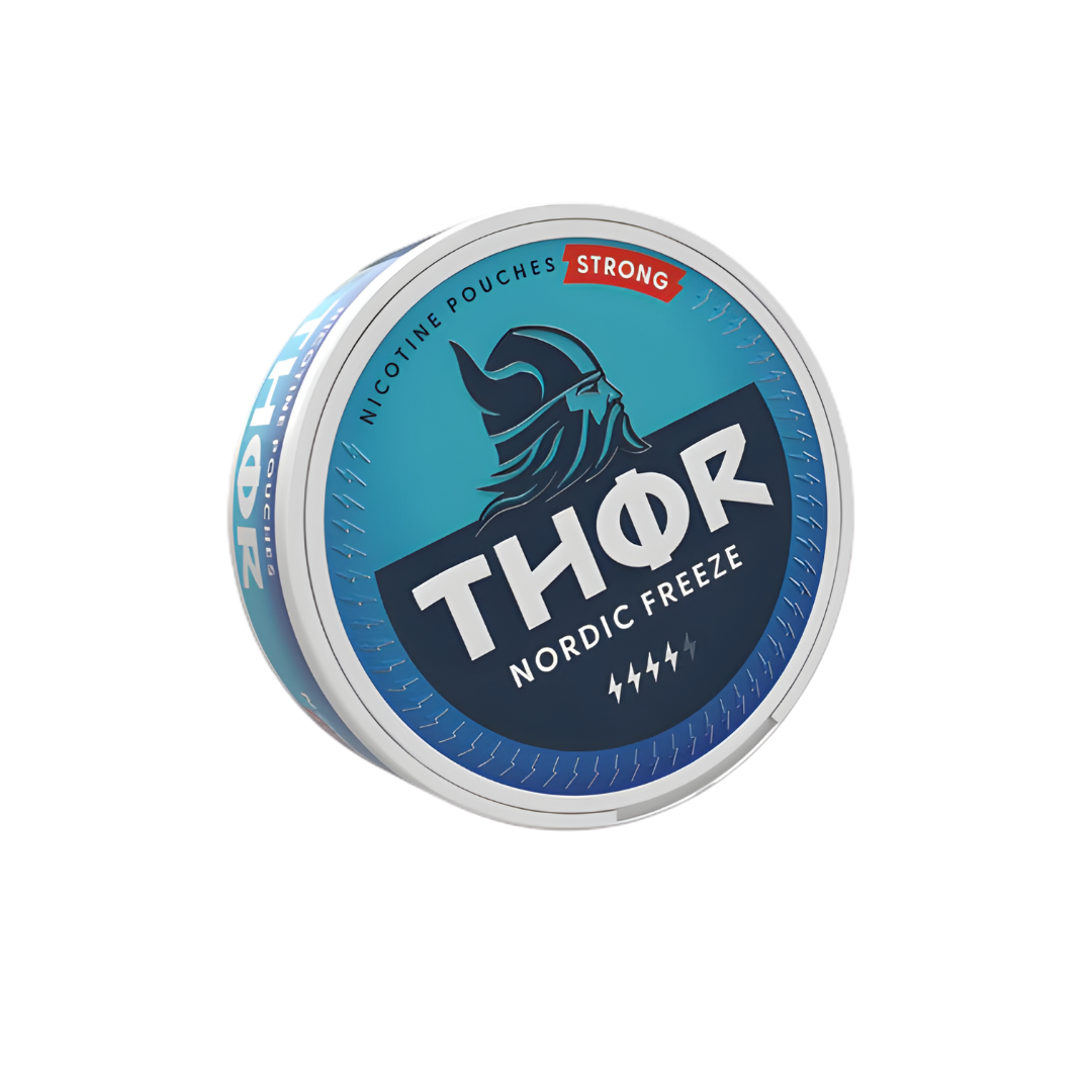 Front view of a circular can of Thor Strong Nordic Freeze with a blue and white logo on a transparent background
