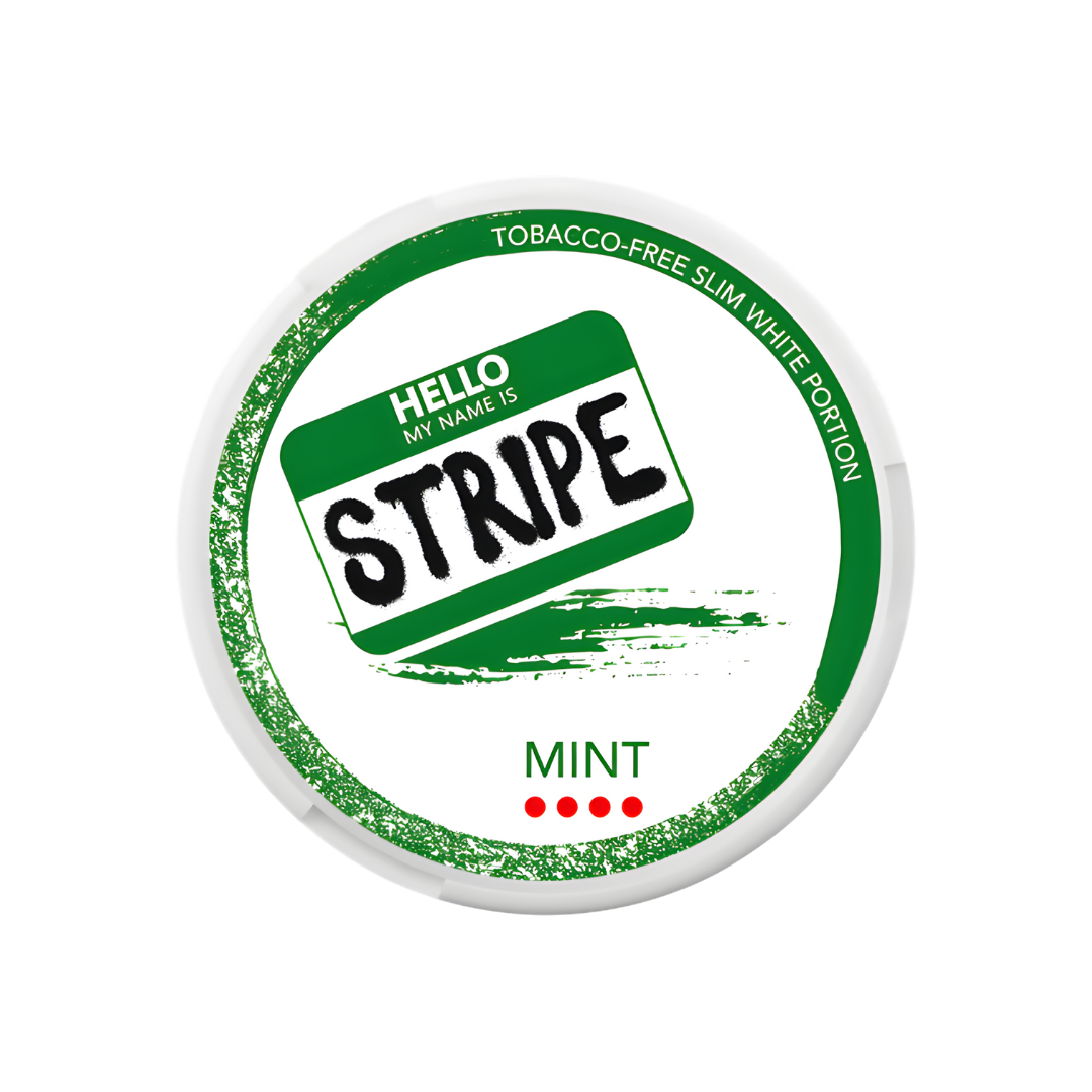Detail close-up of Stripe Mint Strong packaging featuring mint flavor label in green and white.