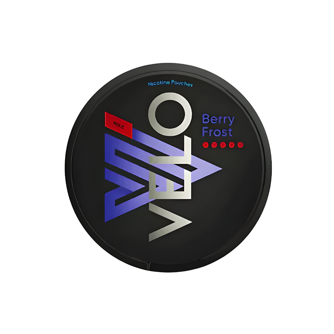 Detail close-up of the Velo Berry Frost Max snus can showcasing its circular shape, logo design, and colors of black, blue…