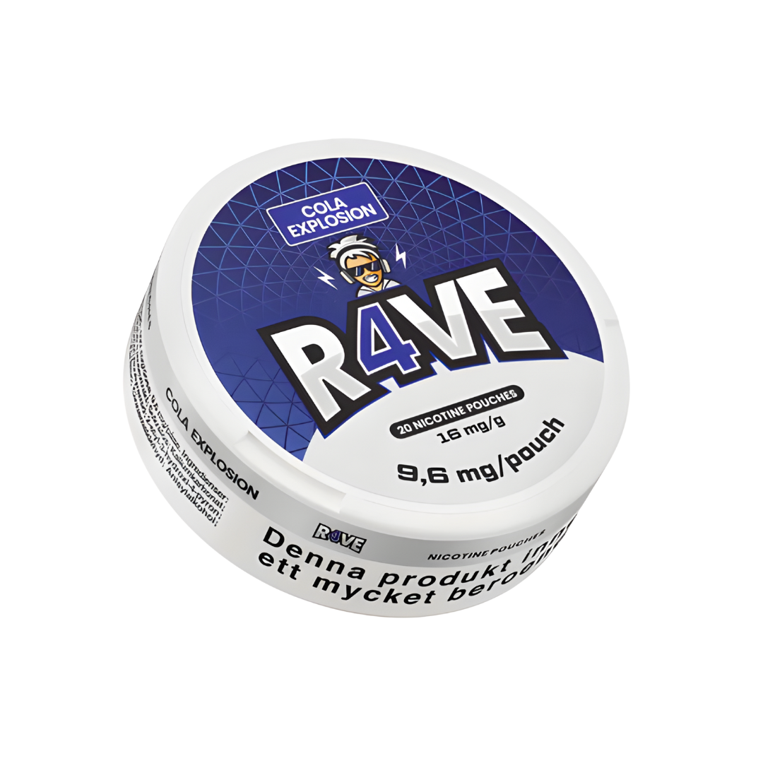 Detail close-up of the round blue and white Rave Cola Explosion snus can featuring logo and flavor description on a white…