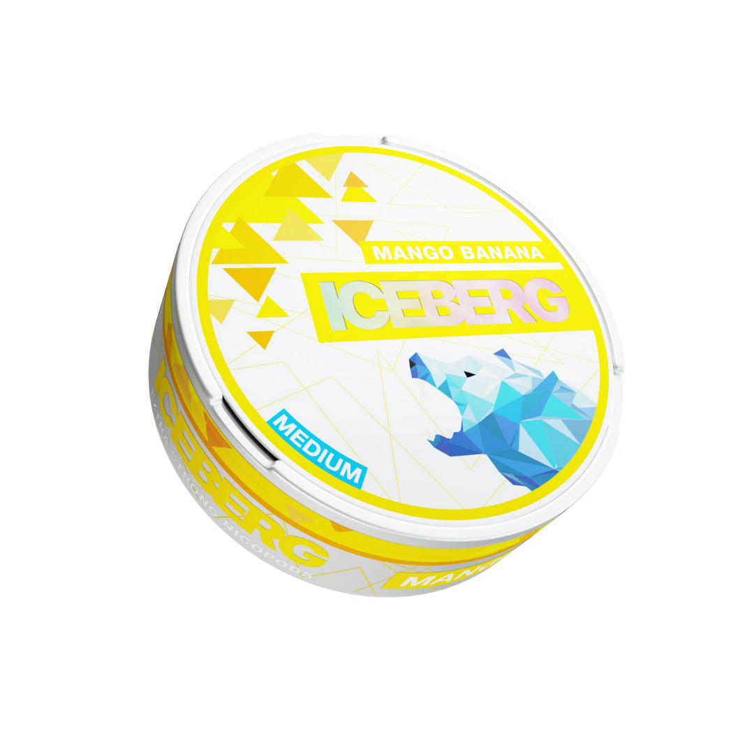 Front view of a circular container featuring Iceberg Mango Banana with vibrant yellow and blue design.