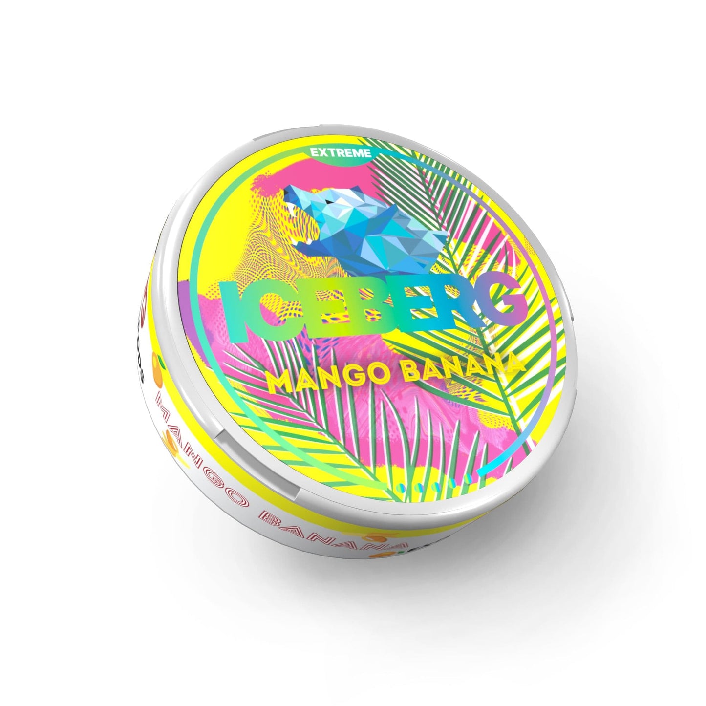 Detail close-up of the colorful tin container featuring vibrant mango and banana design with round shape on a white backgr…