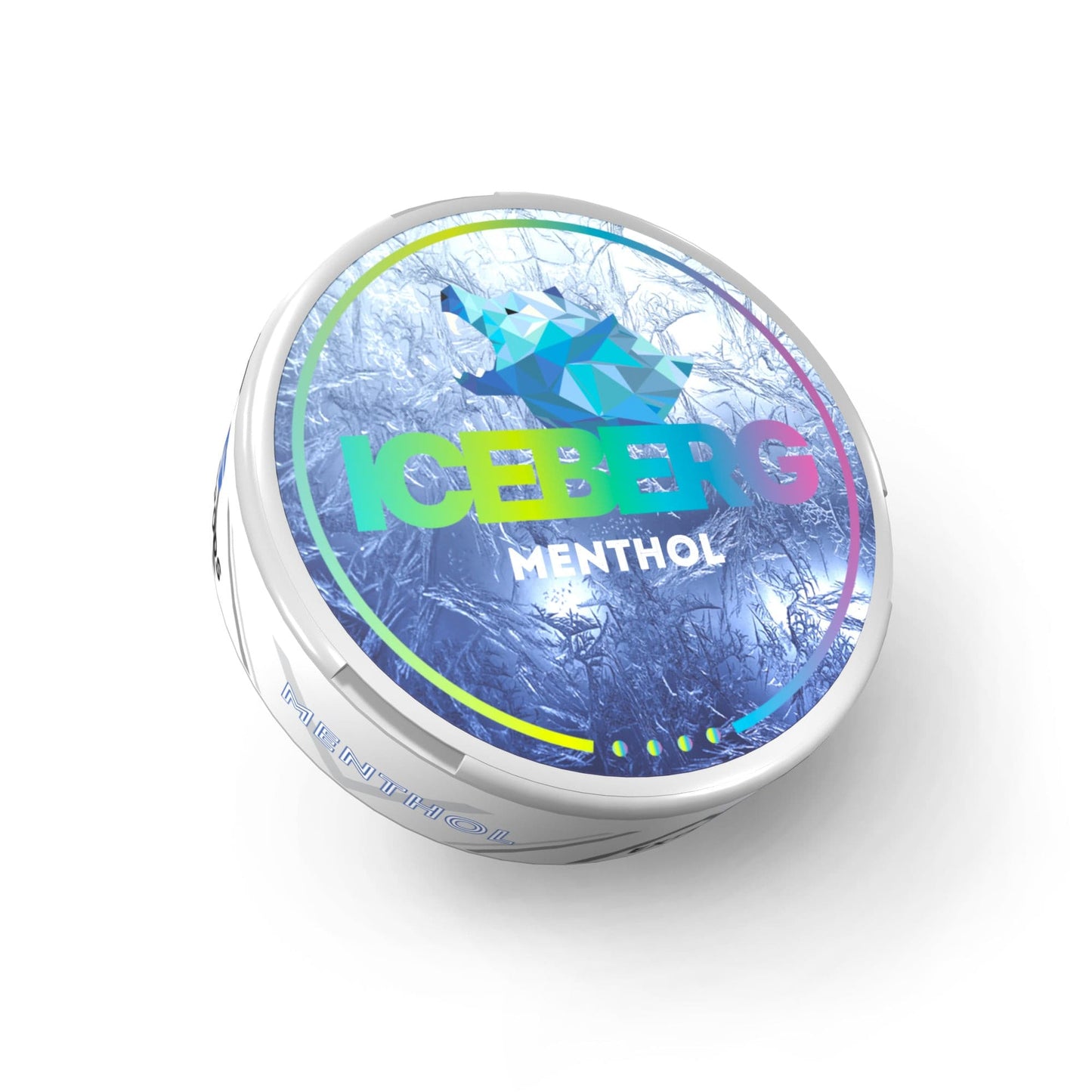 Detail close-up of the Iceberg Menthol tin featuring a colorful blue and silver design on a white background