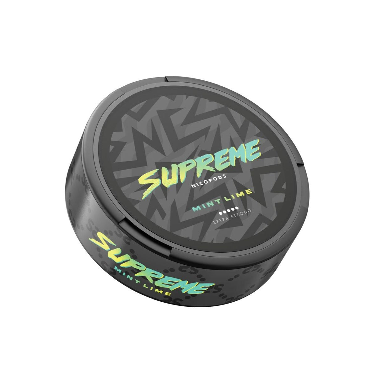 Detail close-up of the black container featuring mint and lime colors with a graphic design.