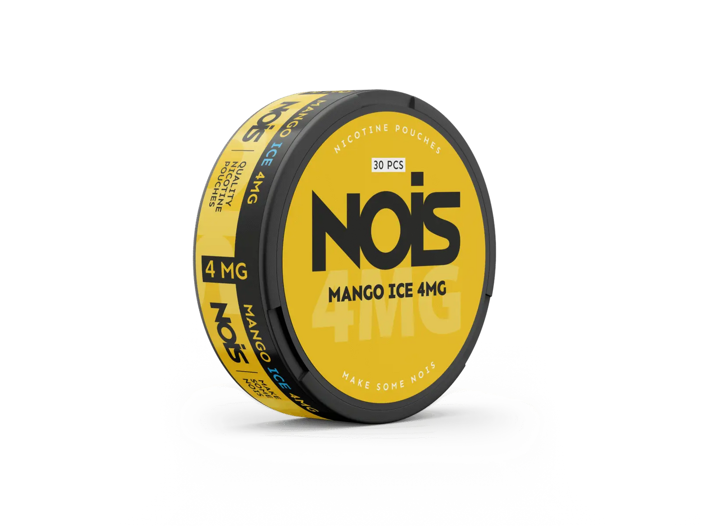 Side view of the Nois mango ice can in yellow and black featuring the flavor label.