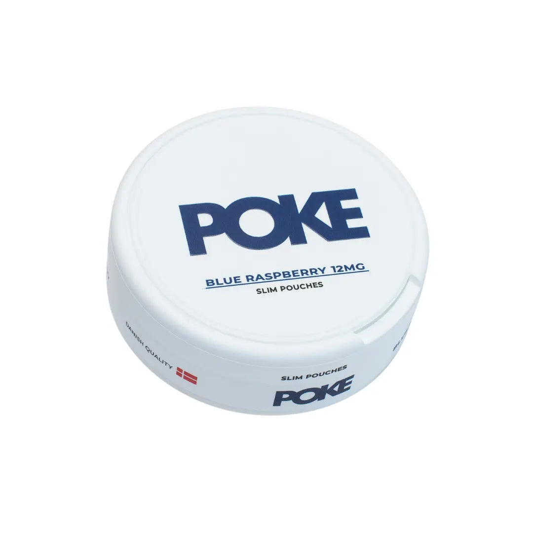 Detail close-up of Poke Blue Raspberry nicotine pouch packaging featuring a round container with a screw top and blue acce…