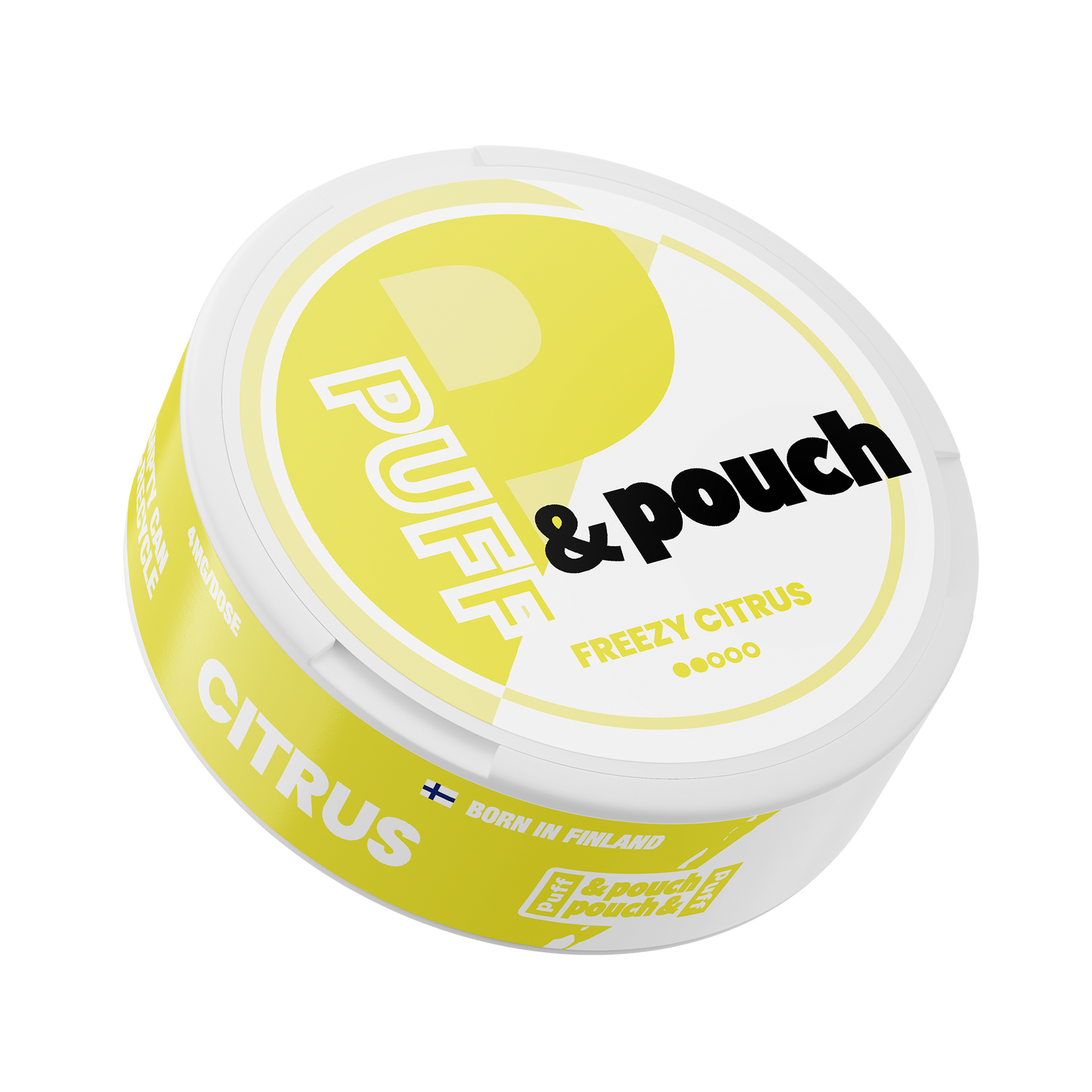 Front view of the yellow citrus nicotine pouch in a round container with a label design on a transparent background