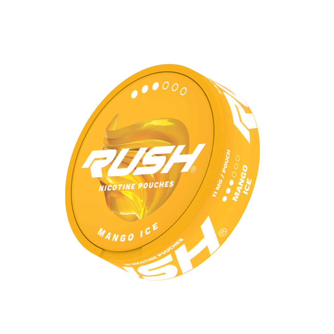 Front view of the Rush Mango Ice Pro packaging in a circular tin with yellow and orange colors and a bold logo.