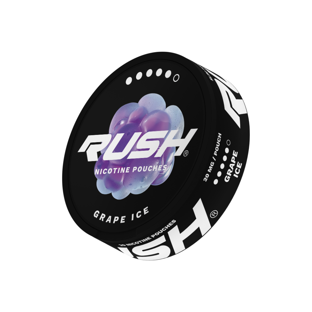 Detail close-up of the Rush nicotine pouch container featuring black and purple colors with graphic design and label text.