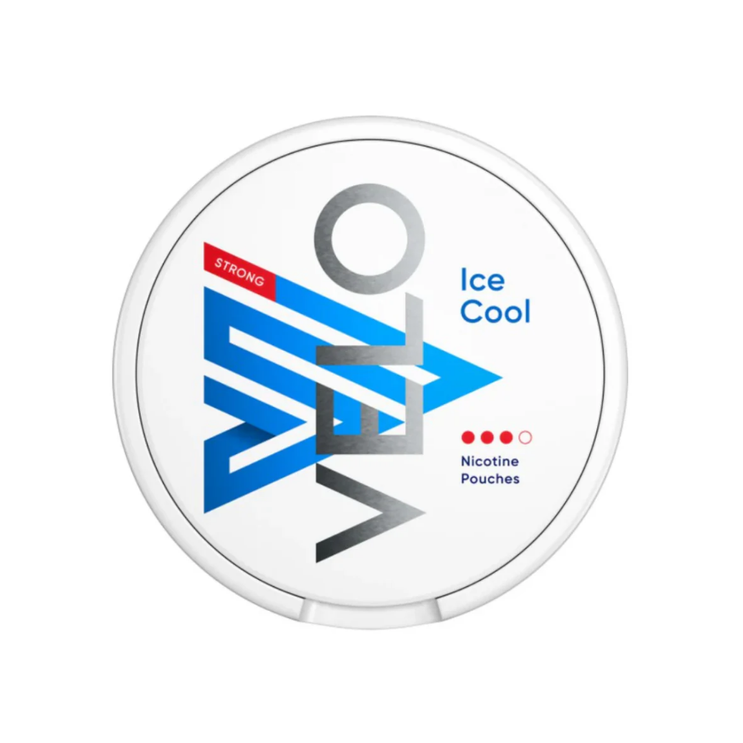 Detail close-up of VELO Ice Cool logo design featuring geometric shapes in blue, red, and white.