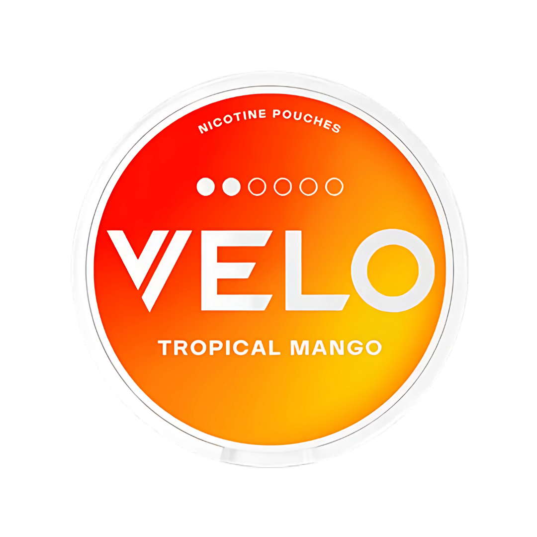 Front view of Velo Tropical Mango pouch with bold orange and yellow circular design, showcasing fruit flavor.