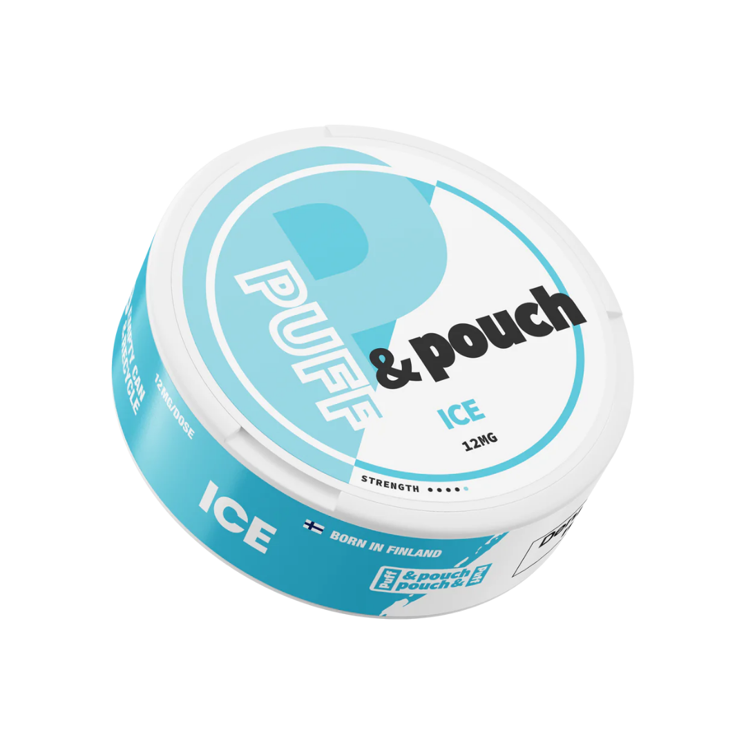 Front view of the round white and blue snus can featuring the Puff & Pouch Ice logo on a white background