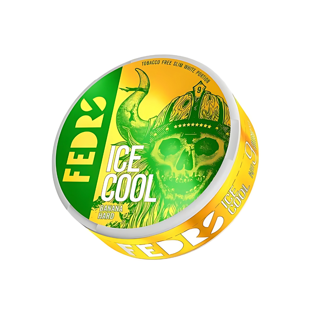 Front view of a circular tin container featuring a skull design in yellow and green colors.