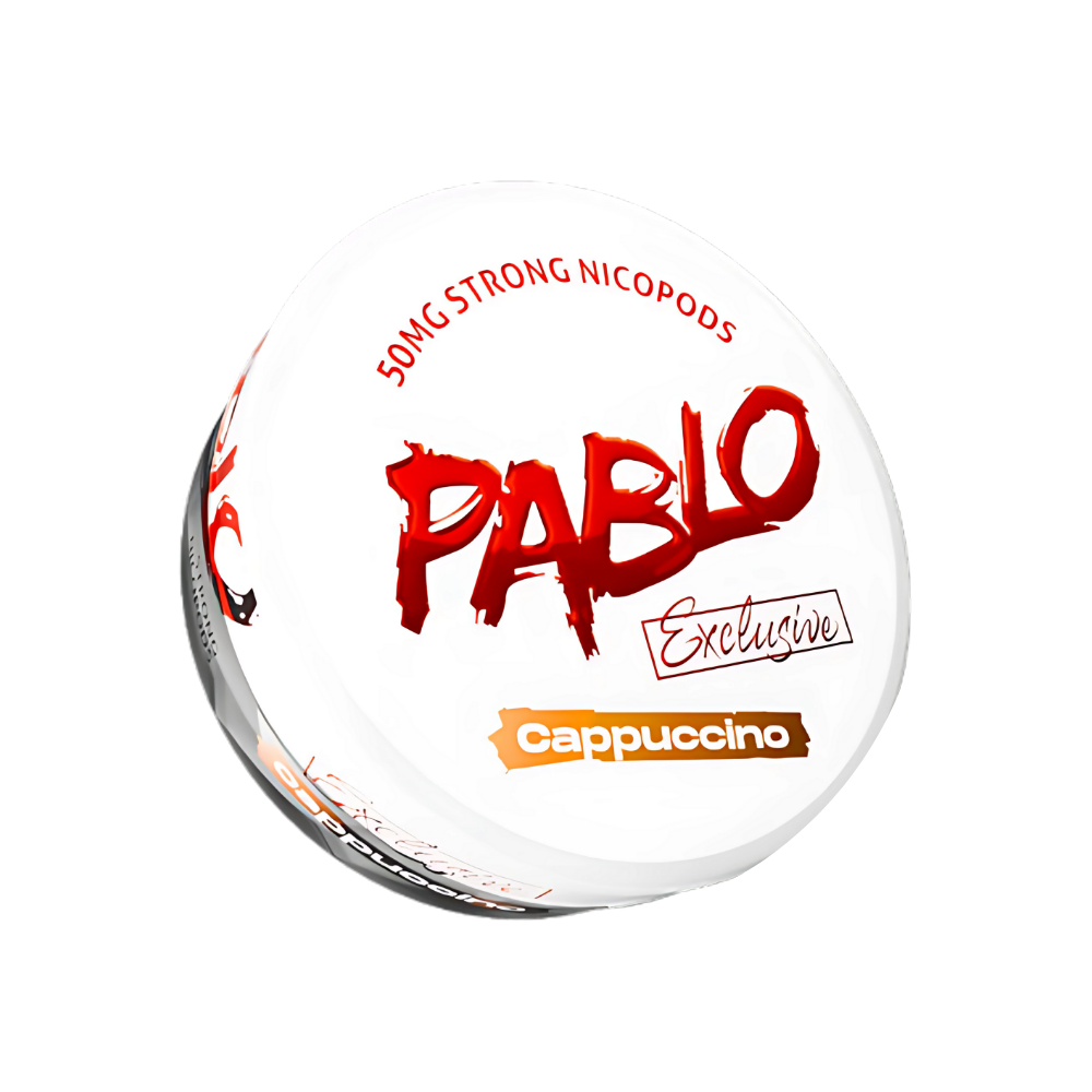 Detail close-up of the round white and red PABLO container featuring gold branding and a screw top.