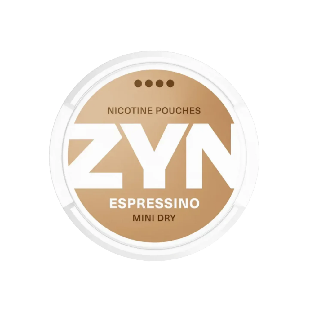 Detail close-up of the ZYN espresso can in white and gold with large text and round shape.