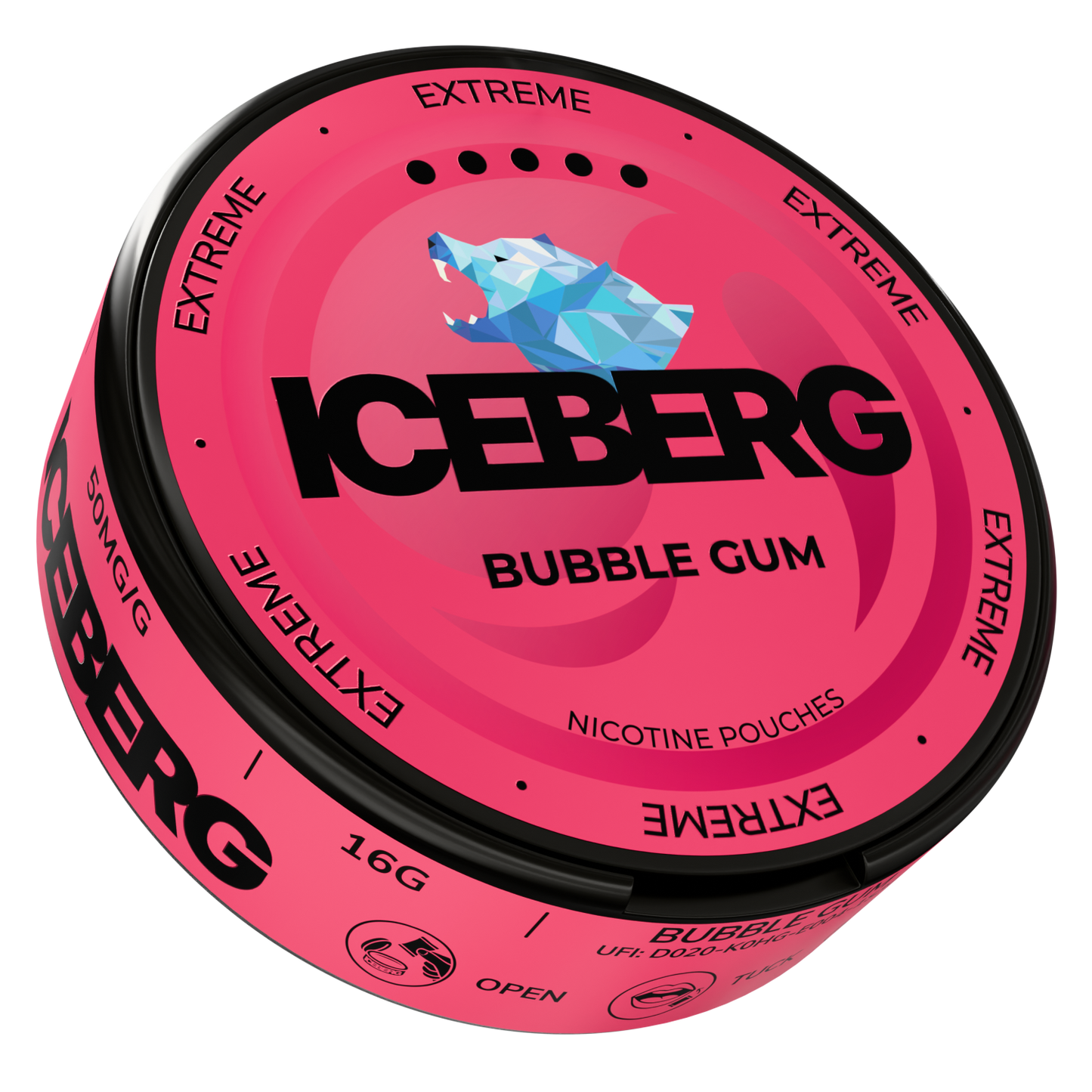 Side view of the bubble gum tin showcasing brand name and label details in pink and black.