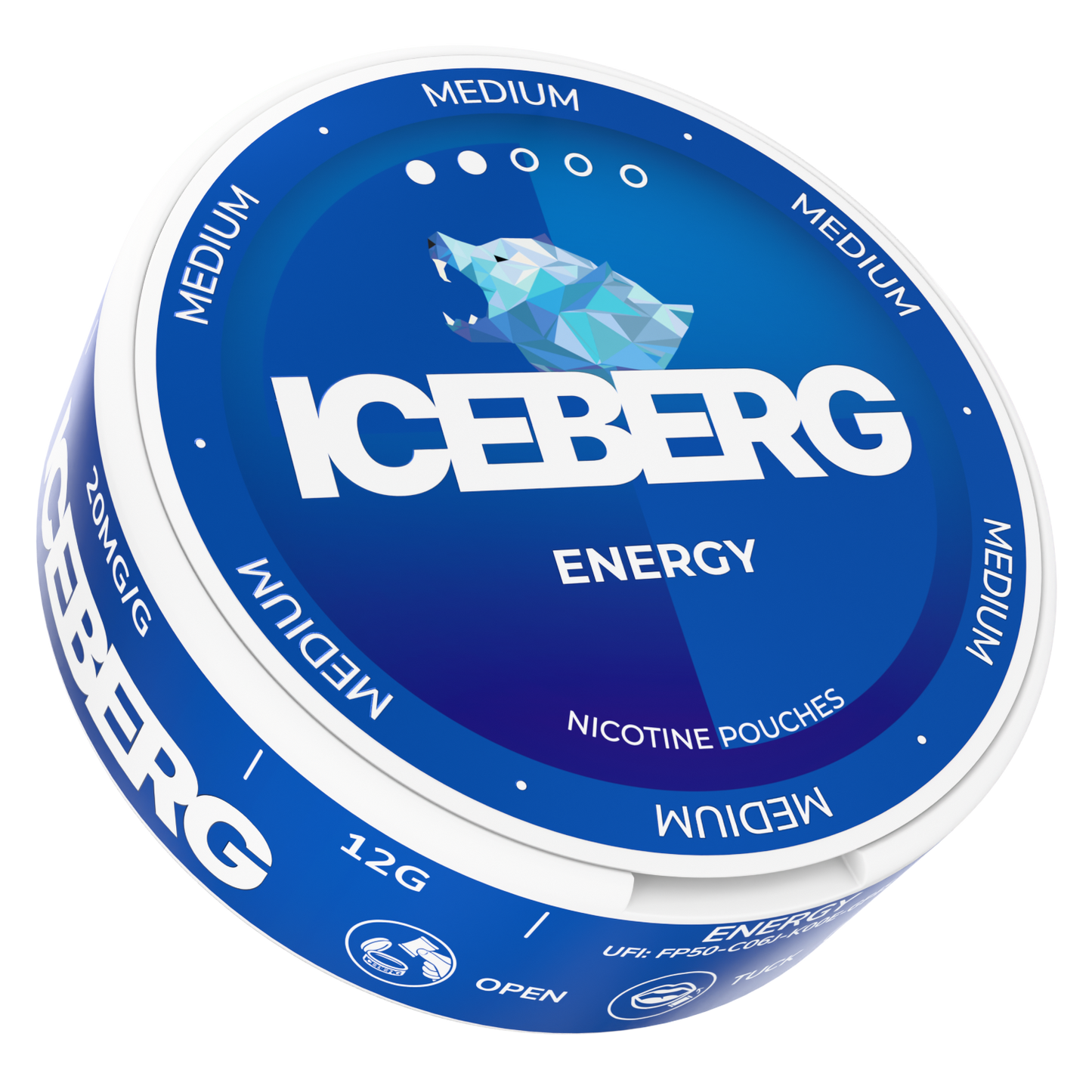 Side view of the blue energy snus can with bold text and iceberg graphic.