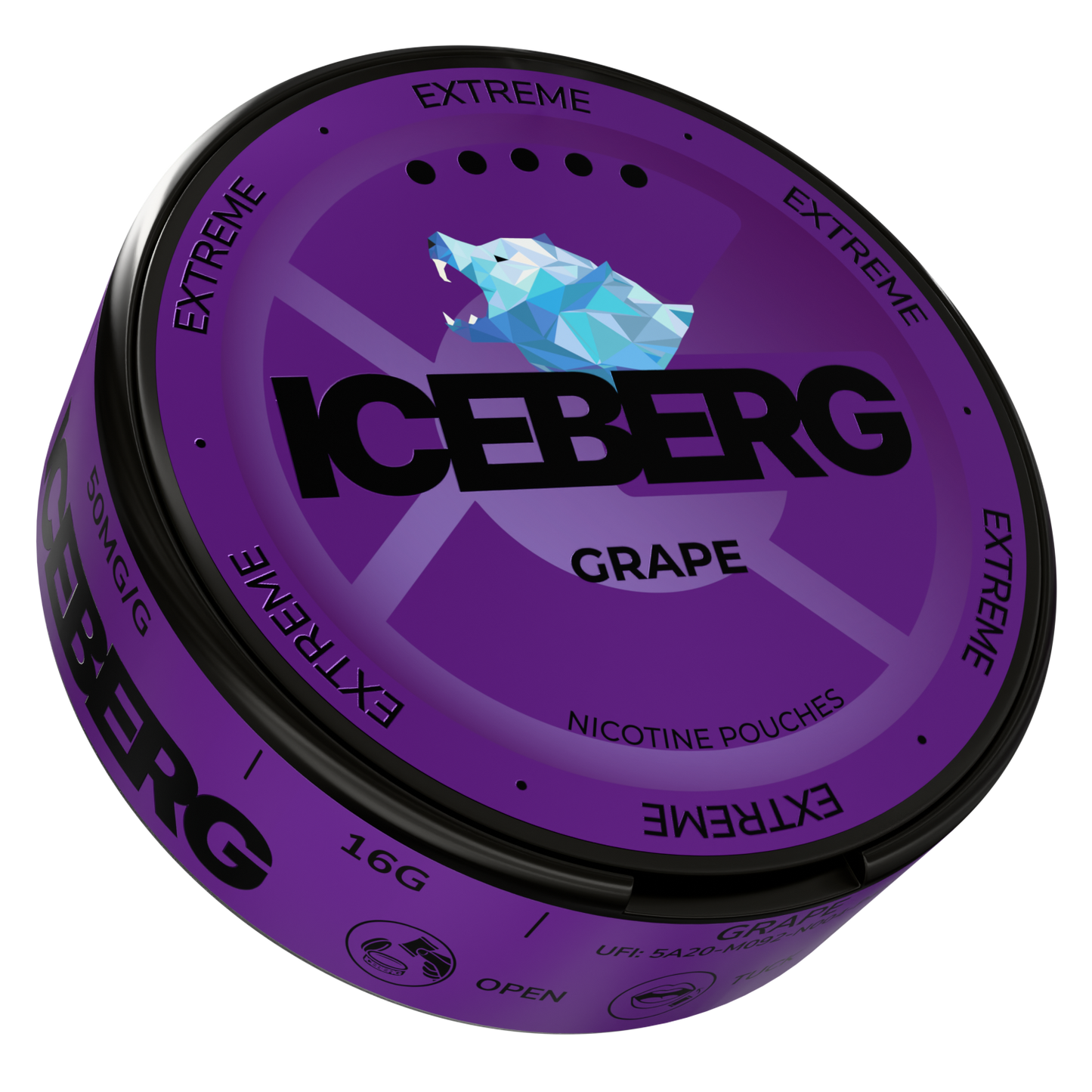 Side view of the Iceberg Grape nicotine pouch container showcasing the round shape and label text on a transparent backgro…