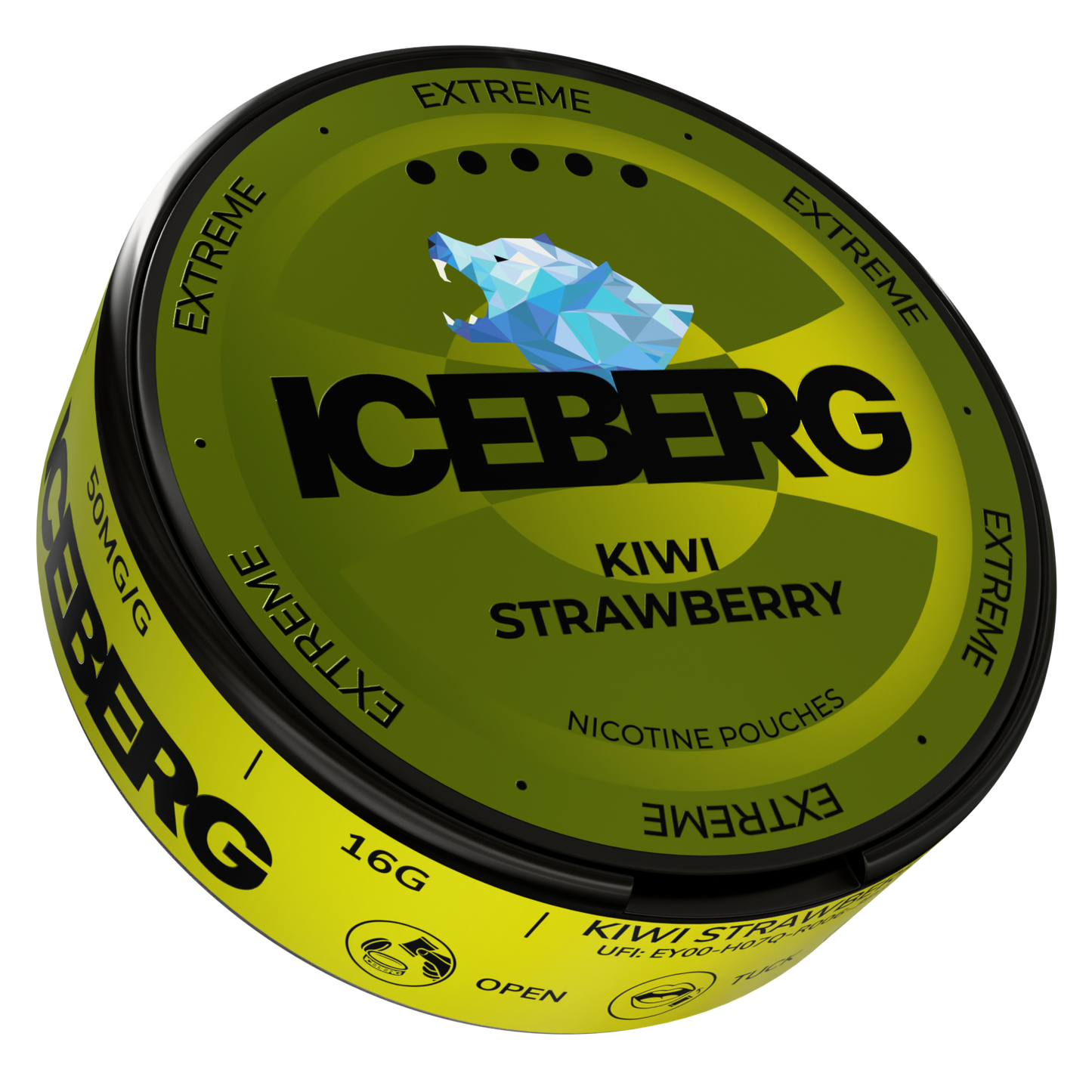 Side view of the kiwi strawberry can highlighting the brand name and circular shape on a transparent background.
