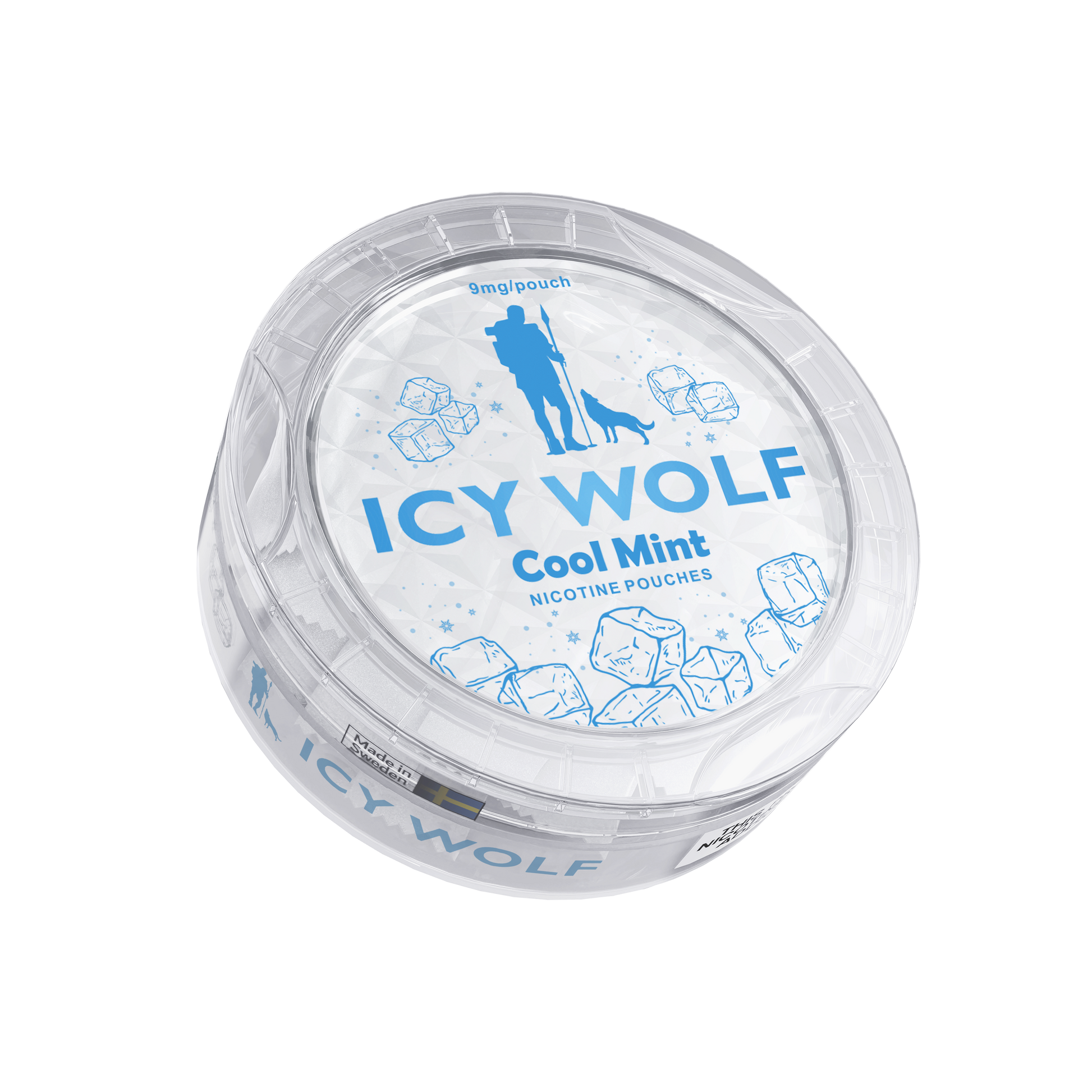 Detail close-up of Icy Wolf Cool Mint pouch in a circular blue and white container with decorative design.