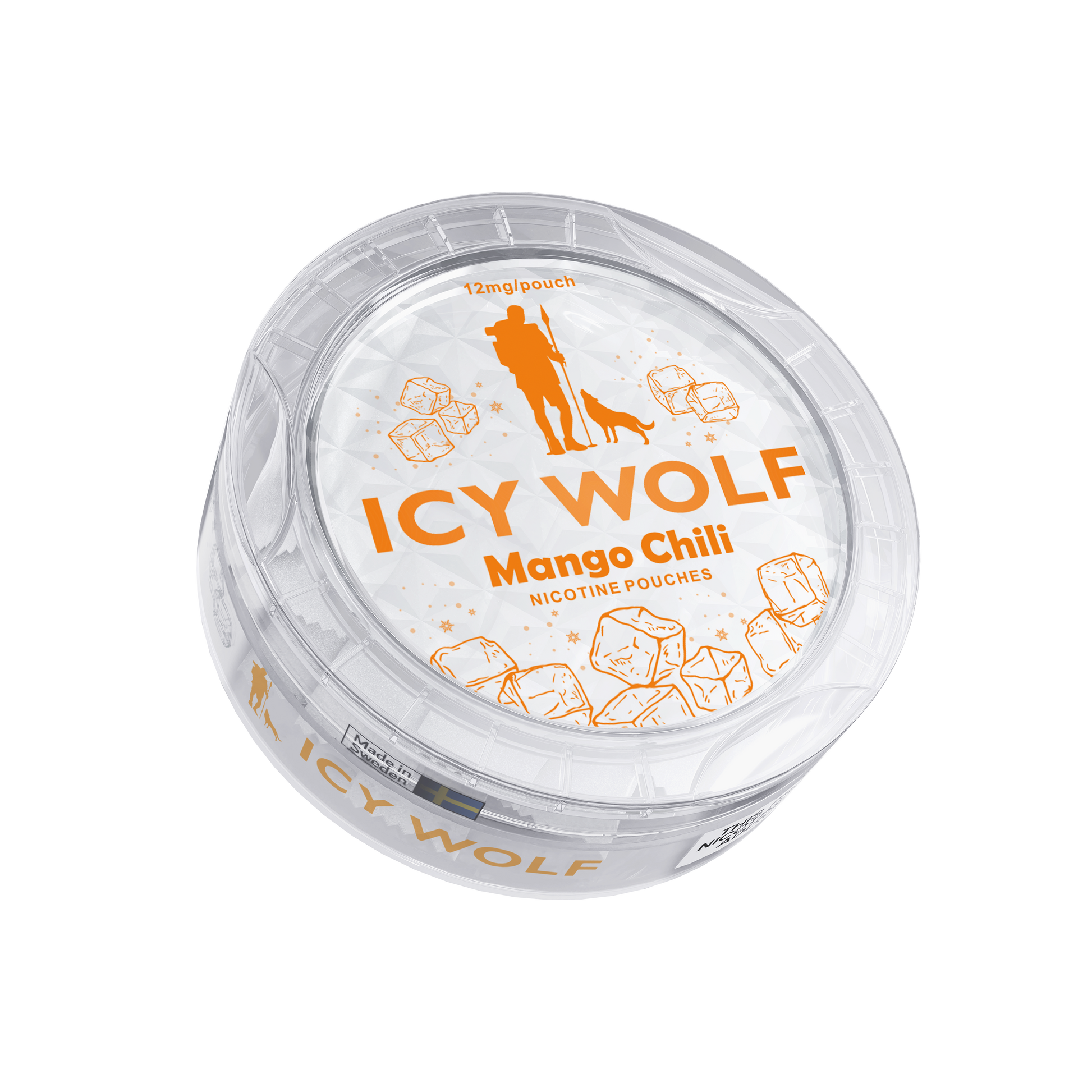 Detail close-up of the Icy Wolf Mango Chili pouch in a circular container featuring orange branding.