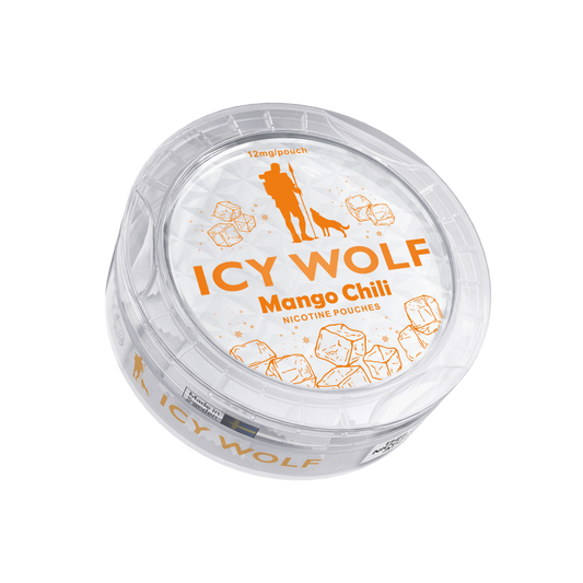 Detail close-up of the Icy Wolf Mango Chili pouch in a circular container featuring orange branding.