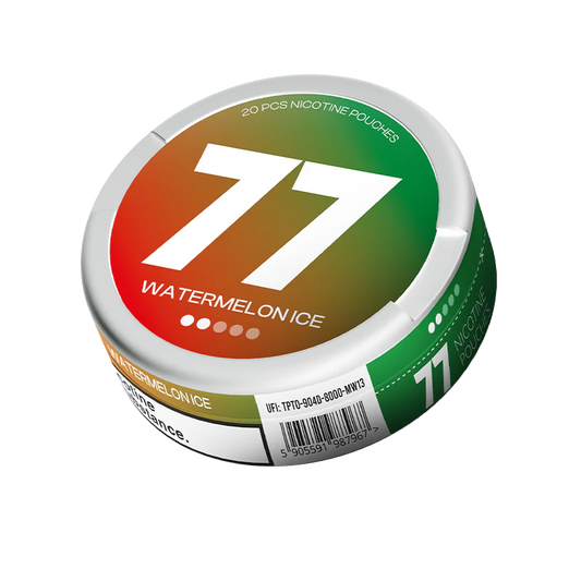 Front view of a circular container with a transparent lid, featuring a label with number 77 in orange, green, and white.