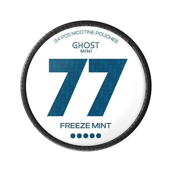 Detail close-up of 77 Ghost Mini Freeze Mint packaging showcasing bold text and circular design on a transparent background.